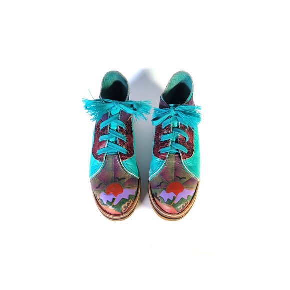 VINTAGE 80's Handpainted Leather Shoes Benchcrafted Vibram Rubber Soles Size 5.5 - Picture 3 of 11